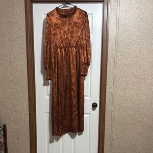 Brown Smocked Bishop Sleeve Gown for Wedding Guest